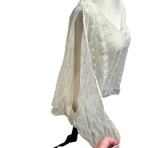 Romantic Sheer Embroidered Boho Blouse Jennifer Lopez White XS - Picture 4 of 8